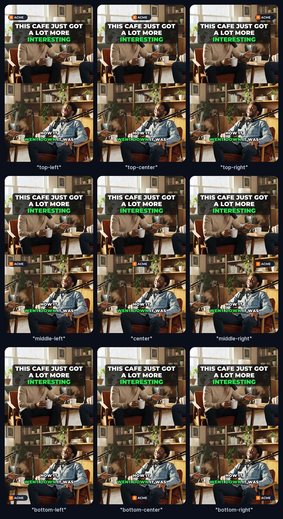 The same vertical clip nine times with an ACME logo in each of the nine positions